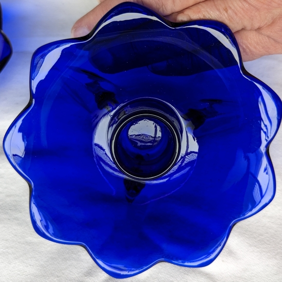 Vintage Fenton Cobalt Blue Glass 6 Petal 3 Footed Candle Holders - 2 - Picture 4 of 12